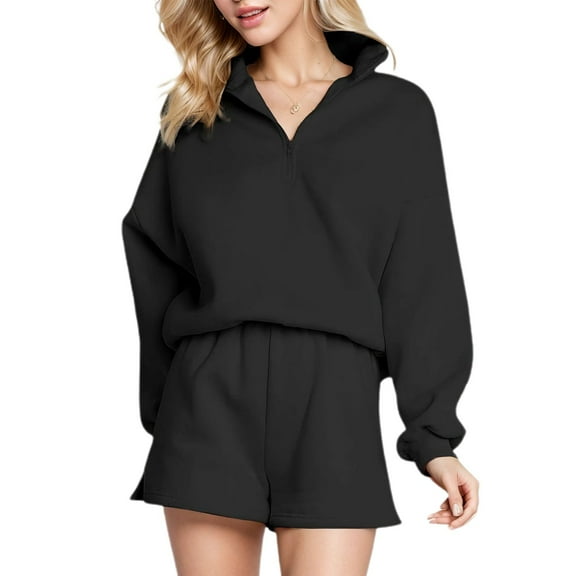 SWSMCLT Women's 2 Piece Outfits Shorts Set Fall Comfy Tracksuit Thick Active Long Sleeve Soft Half Zip Winter Suits Black Large