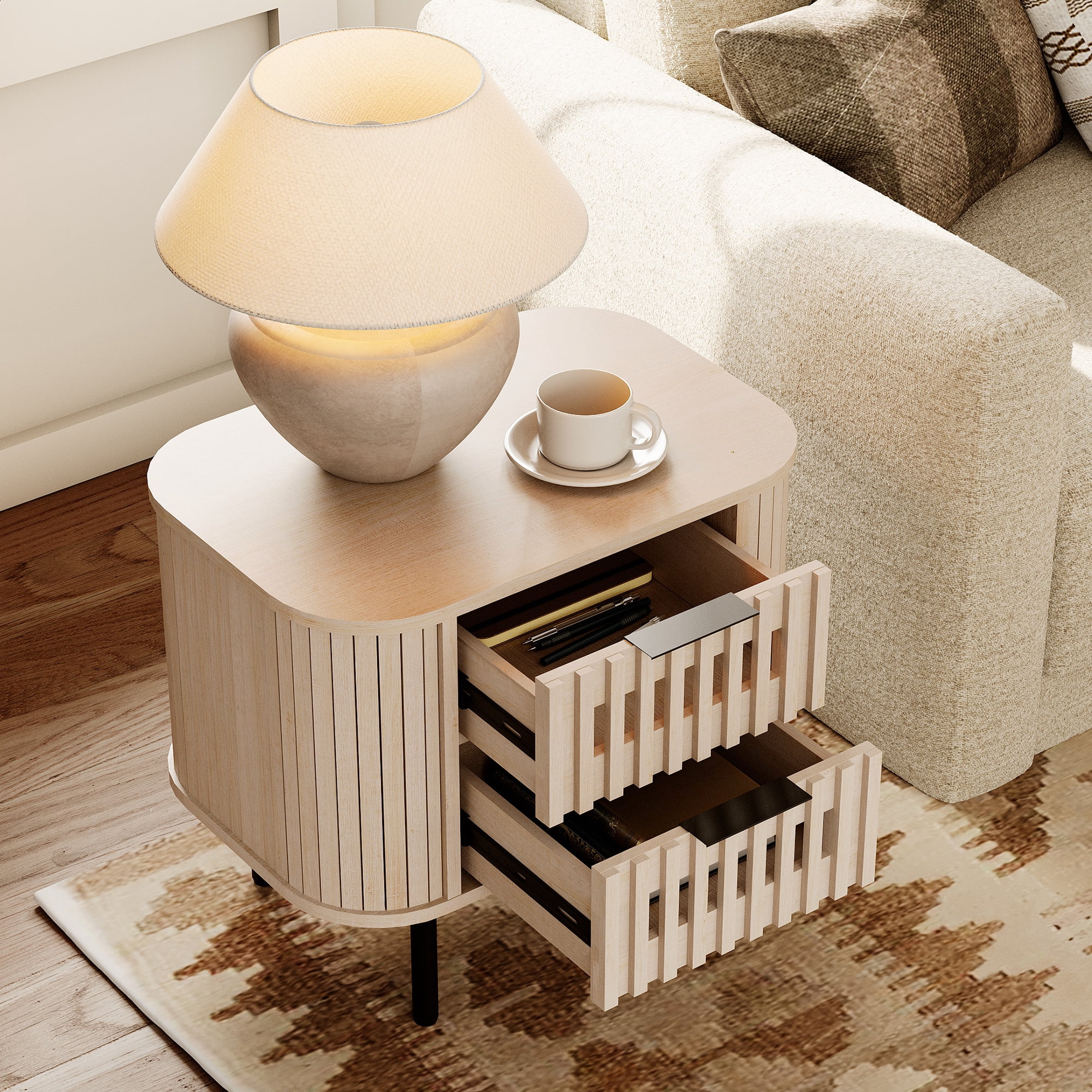 WAMPAT Fluted End Table with 2 Drawers, Modern Storage Nightstand for Living Room & Bedroom, Wooden Side Table, Natural