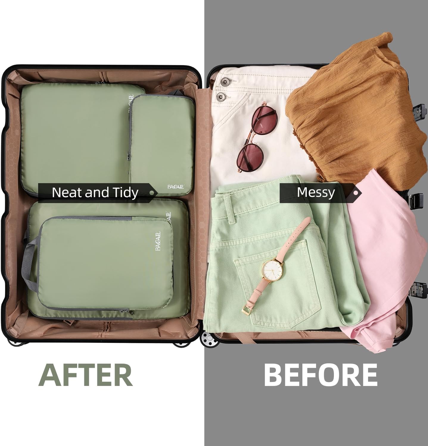 4 Set/6 Set/8 Set Compression Packing Cubes Travel Accessories Expandable Packing Organizers (Square Mesh, 05-Beige)