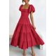 thumbnail image 2 of Vestido PRETTYGARDEN de escote cuadrado, mangas abullonadas, midi rojo, talla L, 2 of 8