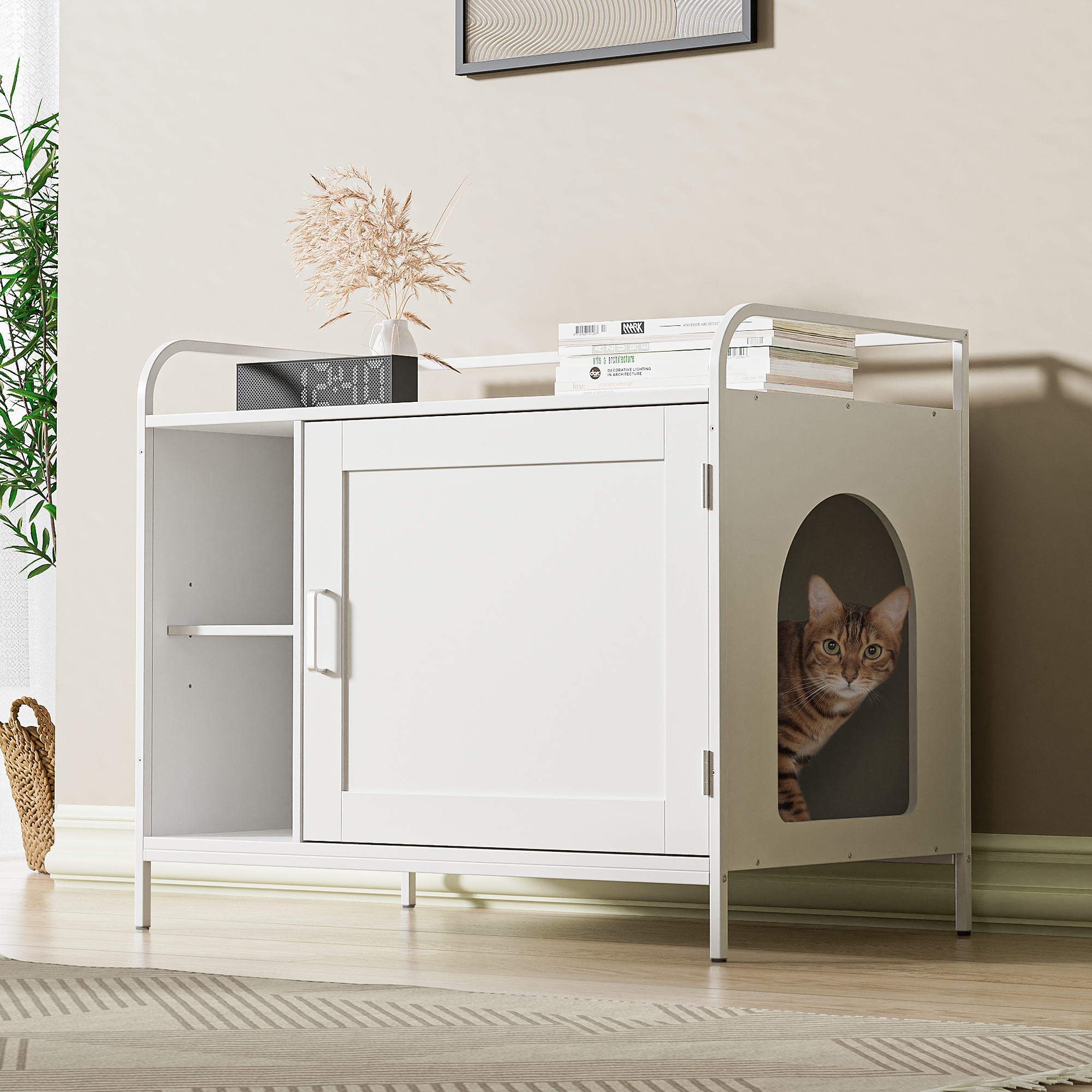 WISHIVE Hidden Cat Litter Box Enclosure, Cat Litter Box Furniture with Door, Wooden Pet Washroom