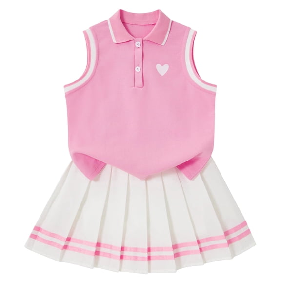 Lanbubble Toddler Dresses for Girls 2 Piece Outfit Set Heart Print Sleeveless Polo Shirt and Tennis Pleated Skirt Summer Sporty Dresses for Kids 3-7Y