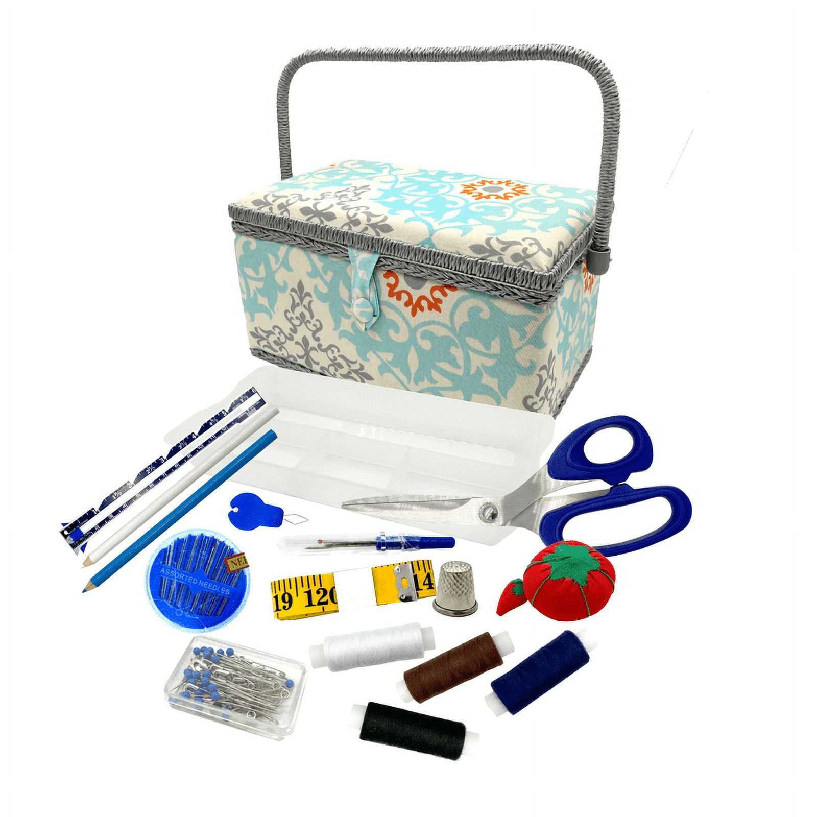 Hello Hobby Sewing Basket Kit 116 Pieces, with Youthful Adult Bright Print, Multicolor