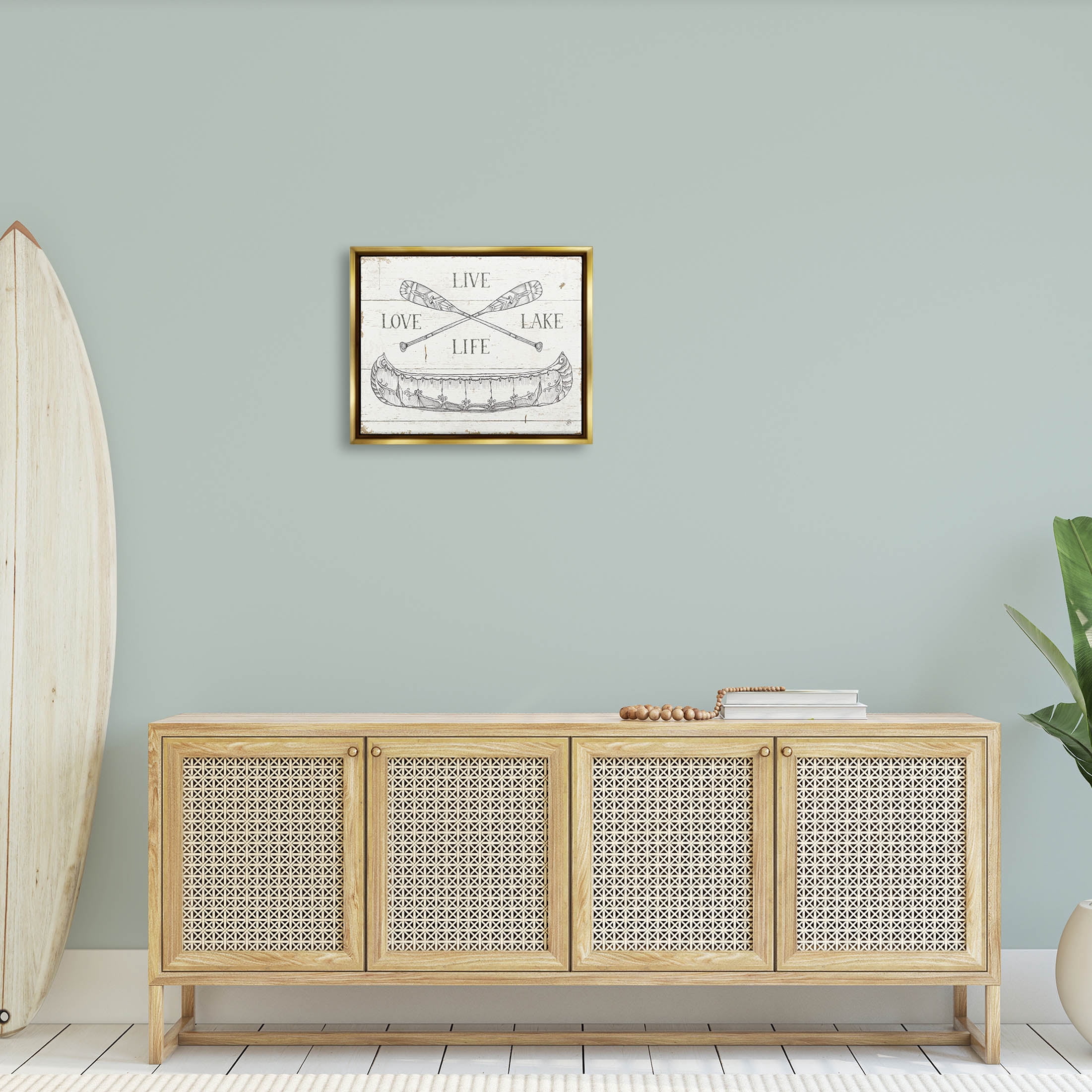 Stupell Industries Live Love Lake Rustic Canoe Oars Graphic Art Metallic Gold Floating Framed Canvas Print Wall Art, Design by Daphne Brissonnet