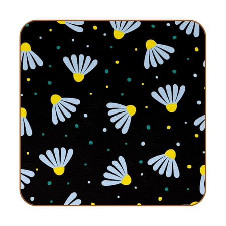 

OWNTA Chamomile Floral Flower Black Pattern Premium 6-Piece Square Coaster Set in Microfiber Leather - Non-Slip & Absorbent Cup Mats
