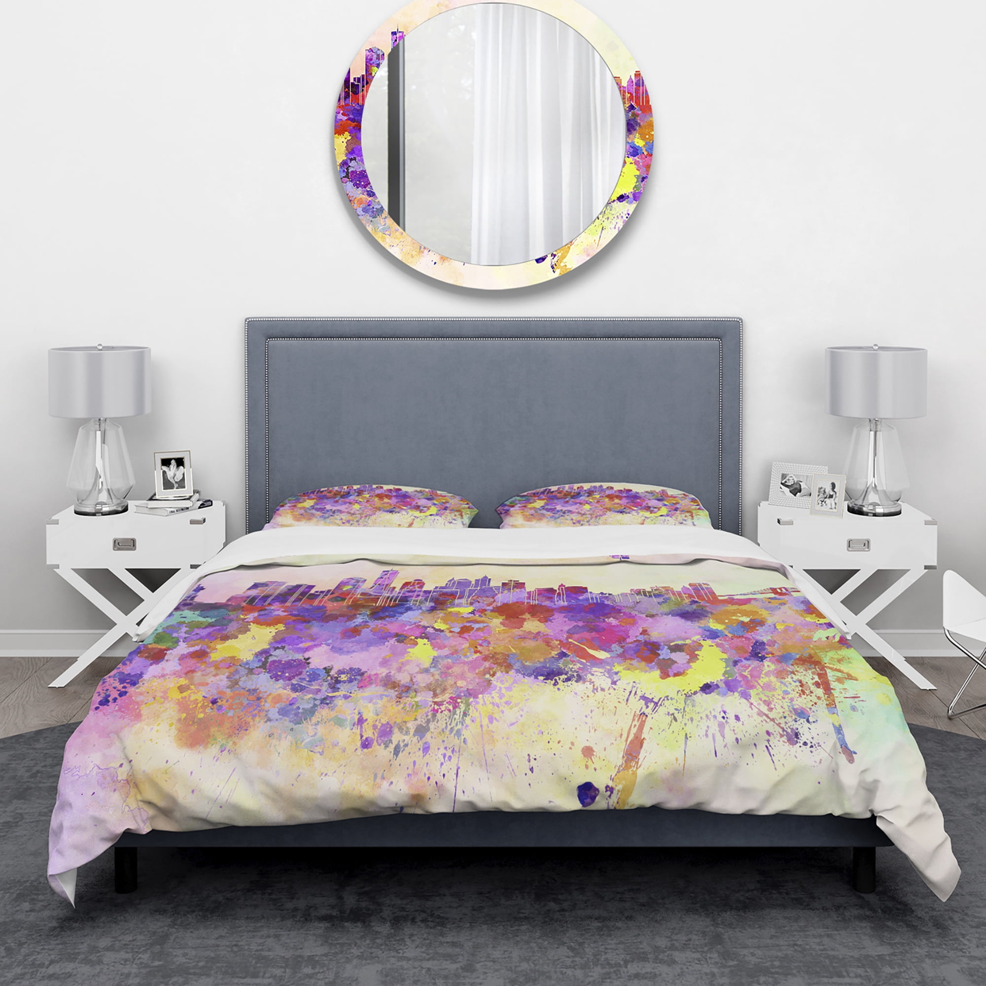 Designart 'Purple New York Skyline' Cityscape Duvet Cover Set