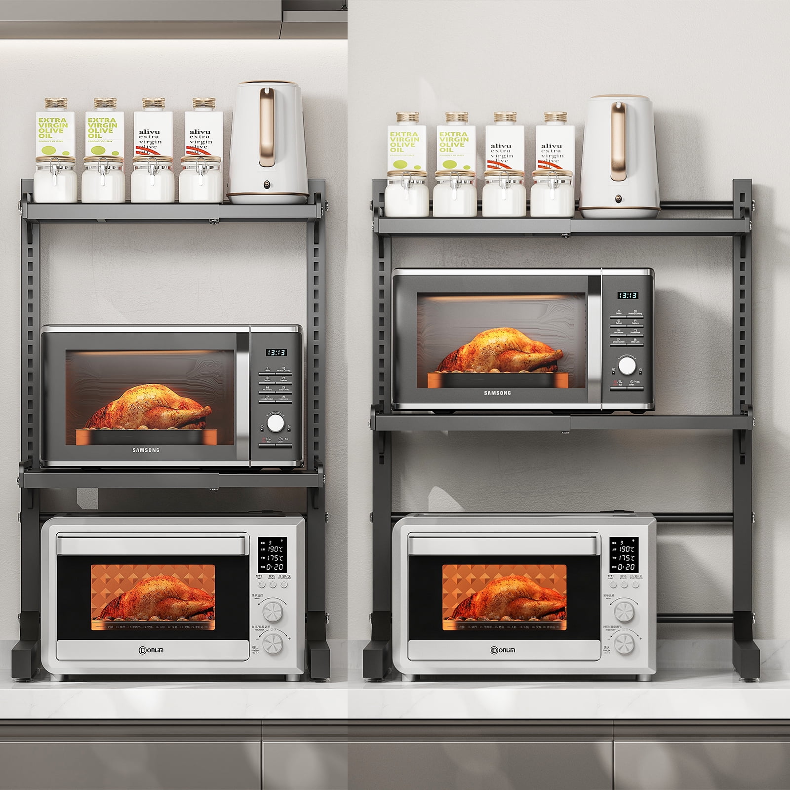ABCOOL Retractable Adjustable 2 Axial Snap-in Kitchen Baker Microwave Oven Rack, 2 Tier Expandable and Height Adjustable Carbon Steel Shelf Counter Countertop with 3 Clip Hooks, Electric Oven Holder