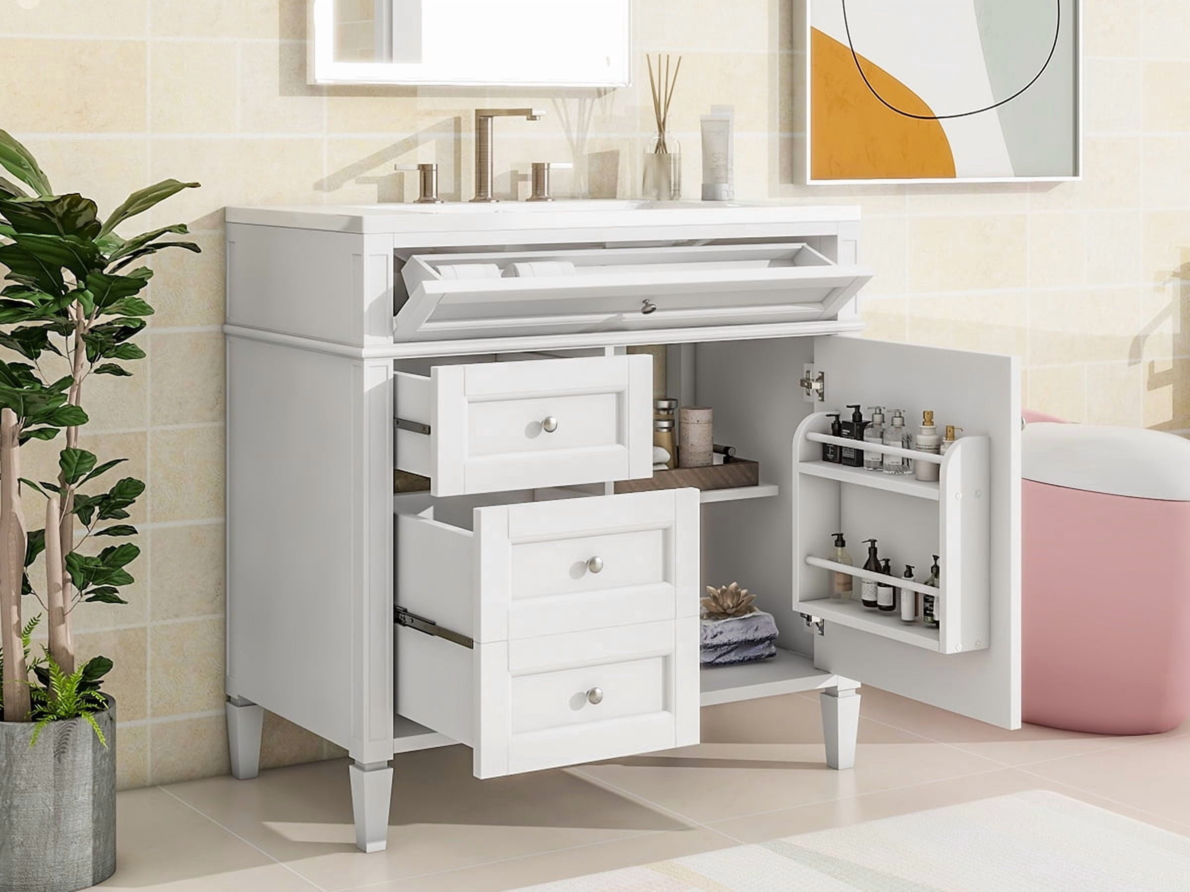 Euroco Freestanding Bathroom Vanity with Drawers and Cabinet Door Organizer, Modern Sink Cabinet, Easy Assembly