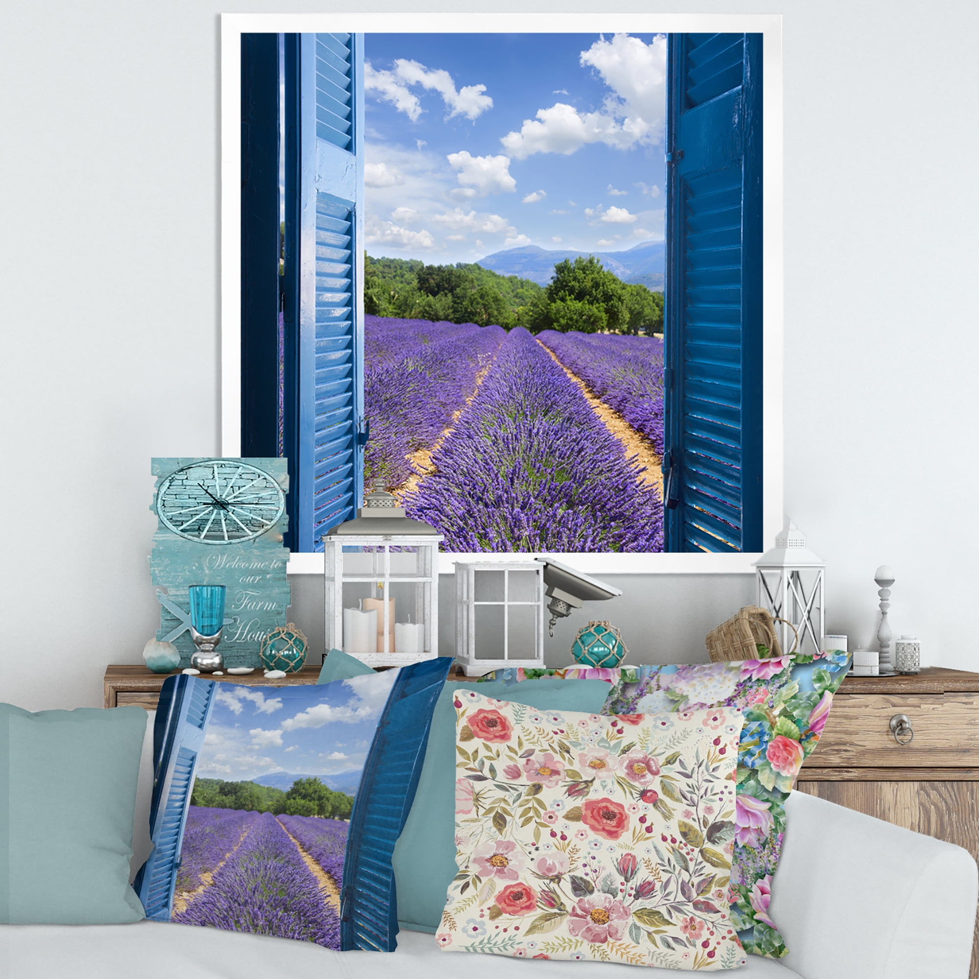 Designart 'View of Lavender Field Through Blue Open Cottage Window' Farmhouse Framed Art Print