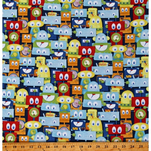 Cotton Robots Silly Kids Children's Multi-Color on Blue Alpha-Bots Danielle Leone Cotton Fabric Print by the Yard (27626-445)
