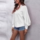 thumbnail image 4 of Blusa blanca de color puro para mujer, talla M, camisa con cuello en V y botones con mangas farol, 4 of 6