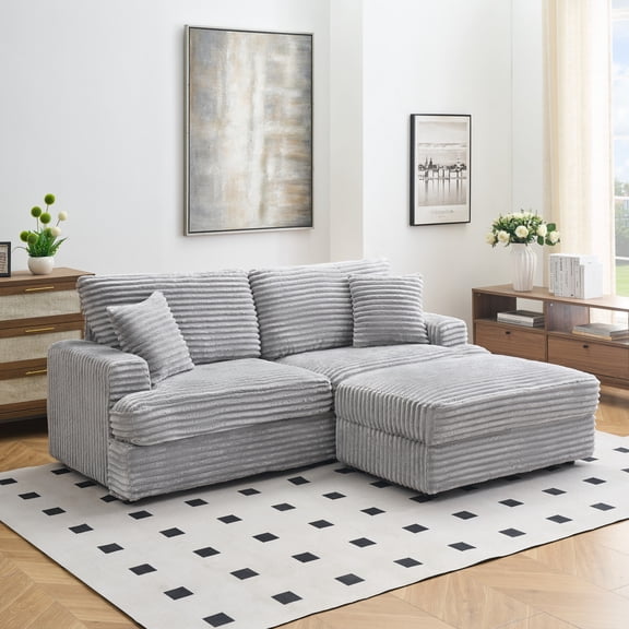 Miekor Furniture 88.58 inch grey corduroy sofa, single storage leg & four pillows, soft as a cloud, stylish lazy sofa, suitable for living room and office MK1953