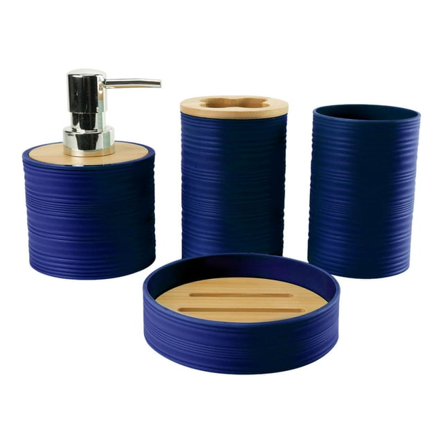 Juego de 4 accesorios de baño, soporte para cepillo de dientes, decoración para baño, jabón azul oscuro