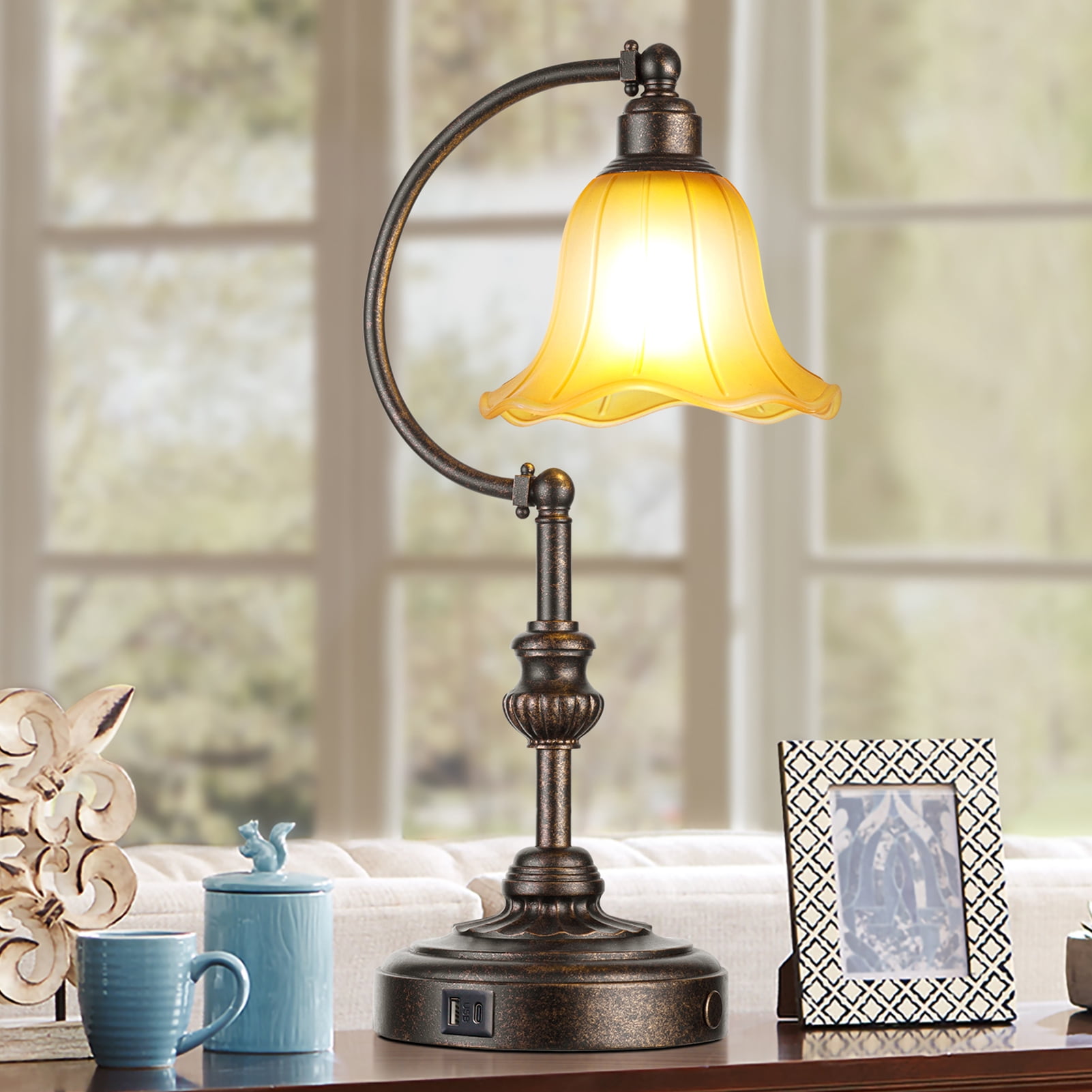 RORIA Rustic Farmhouse USB A+C Charging Port Touch Table Lamps, 3-Stage Dimmable Bedside Lamp 20", Amber Vintage Glass Lampshade for Living Room Bedroom Nightstand