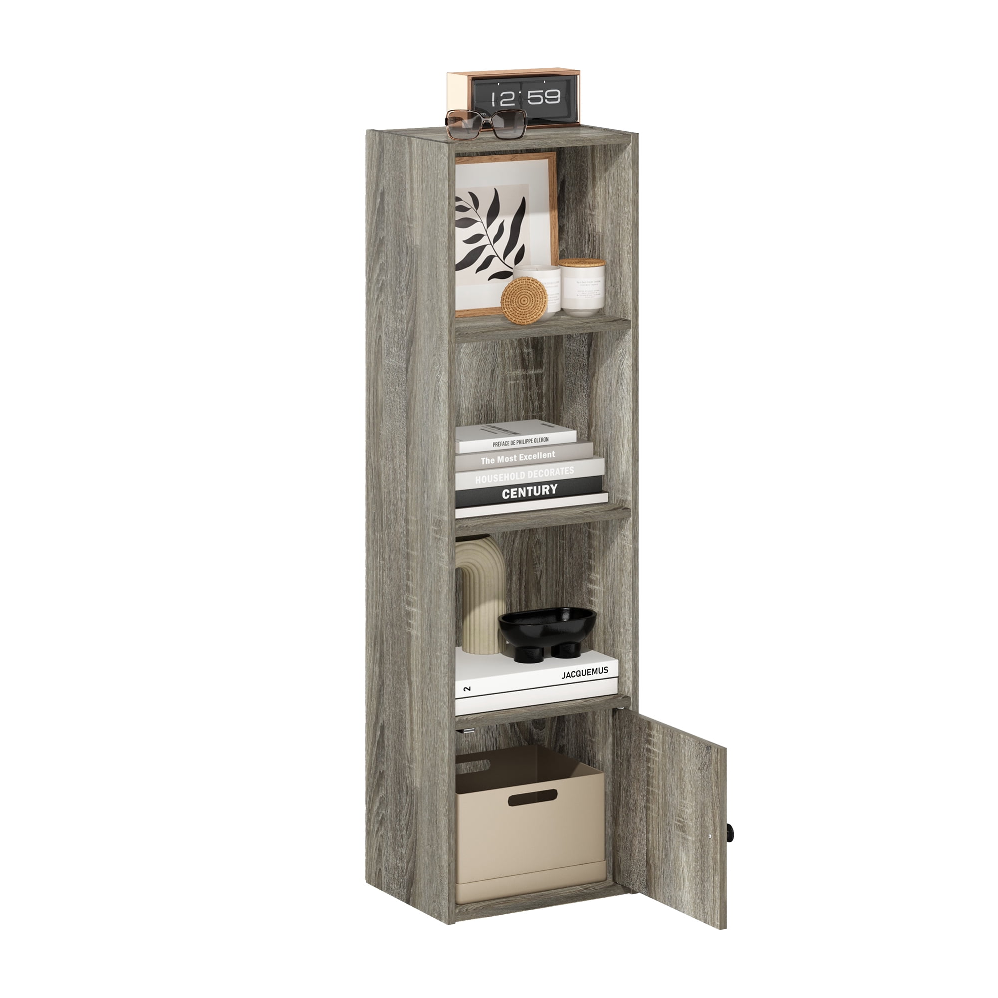 Furinno LUDER 4-Tier Shelf Bookcase with 1 Door Storage Cabinet in French Oak