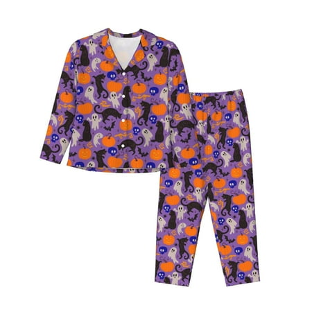 JUNZAN Halloween Black Cats Print Womens Pajama Sets Long Sleeve Button Down for Women Pjs 2 piece-Medium