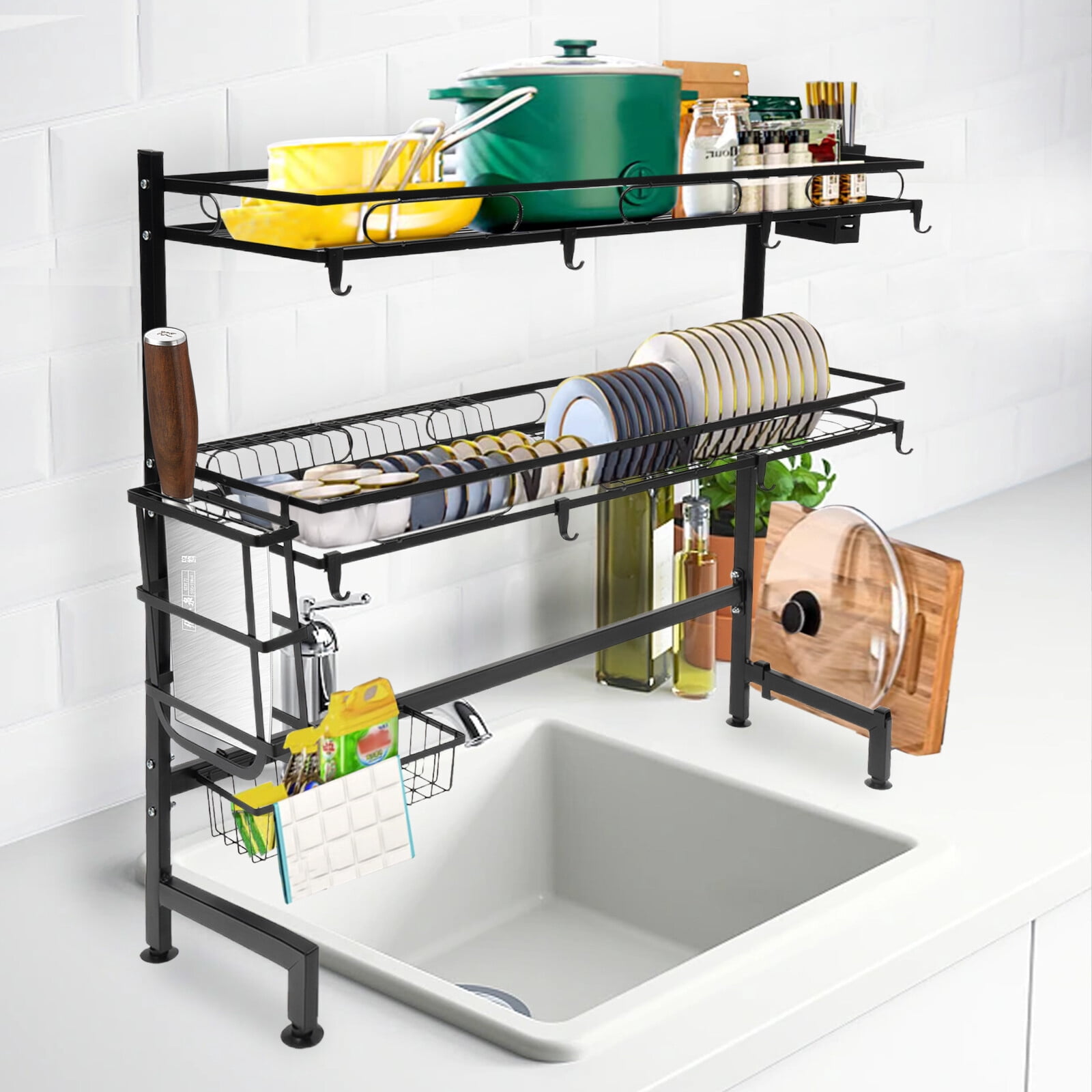 2 Tiers Over Sink Dish Drying Rack Cutlery Drainer Kitchen Shelf Cup Organizer Black for Home Kitchens