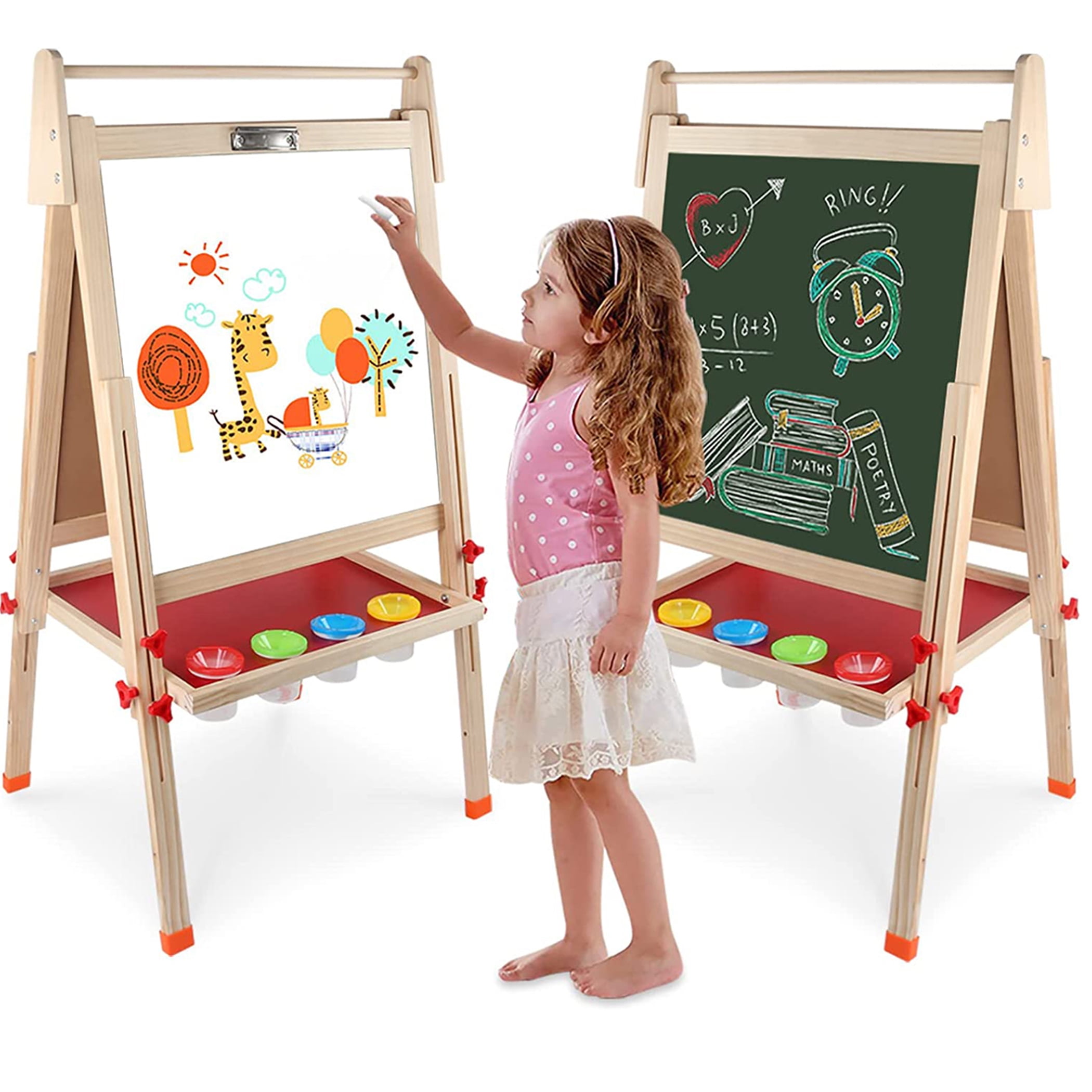 Ealing Kids Easel with Including Accessories，Double Sided Wooden Easel for  Kids - Magnetic Chalkboard & Painting Board , Art Easel for Toddlers 3-8  Ages， Height Adjustable 29.5inch-44in,Black 