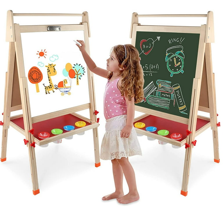 Kids Wooden Easel with Paper Roll,Adjustable Double Sided Wooden Kids Easel  Drawing Board with Magnetic Chalkboard,Paint Art Set for Kids Toddlers 2-4