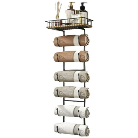 "6-Tier Black Bathroom Towel Rack - Metal & Wood Wall Mounted Organizer for Towels, Linens & Soaps | Over Door Holder | Space Saving Storage for Home