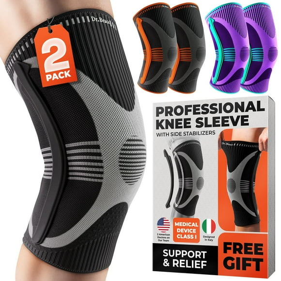 Rodillera DR. BRACE ELITE con estabilizador de tamaño (paquete de 2). Rodillera para mujeres y hombres, ideal para entrenamiento, deportes y uso diario. Manga de compresión para máxima sujeción del do