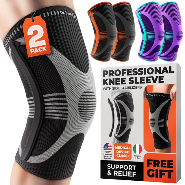 Rodillera DR. BRACE ELITE con estabilizador de tamaño (paquete de 2). Rodillera para mujeres y hombres, ideal para entrenamiento, deportes y uso diario. Manga de compresión para máxima sujeción del do