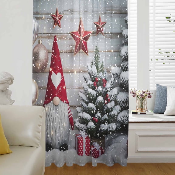 Christmas Gnomes Semi Sheer Curtains Drapes for Living Room, Bedroom, French Doors Window 96 Inches Long, Winter Farmhouse Xmas Balls Tree Rod Pocket Chiffon Curtain Drapery Voile Draperies Panel