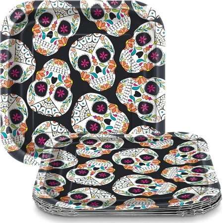 Skull Day of the Dead Paper Square Dessert Plates | 7" x 7" | 10 Pcs