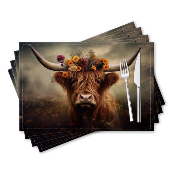 BaHomeck placemats Set of 4 rectangle Linen Cotton Placemats for Dining Table Washable Heat Resistant,18*12inch,Highland Cow With Flowers Adorning Head