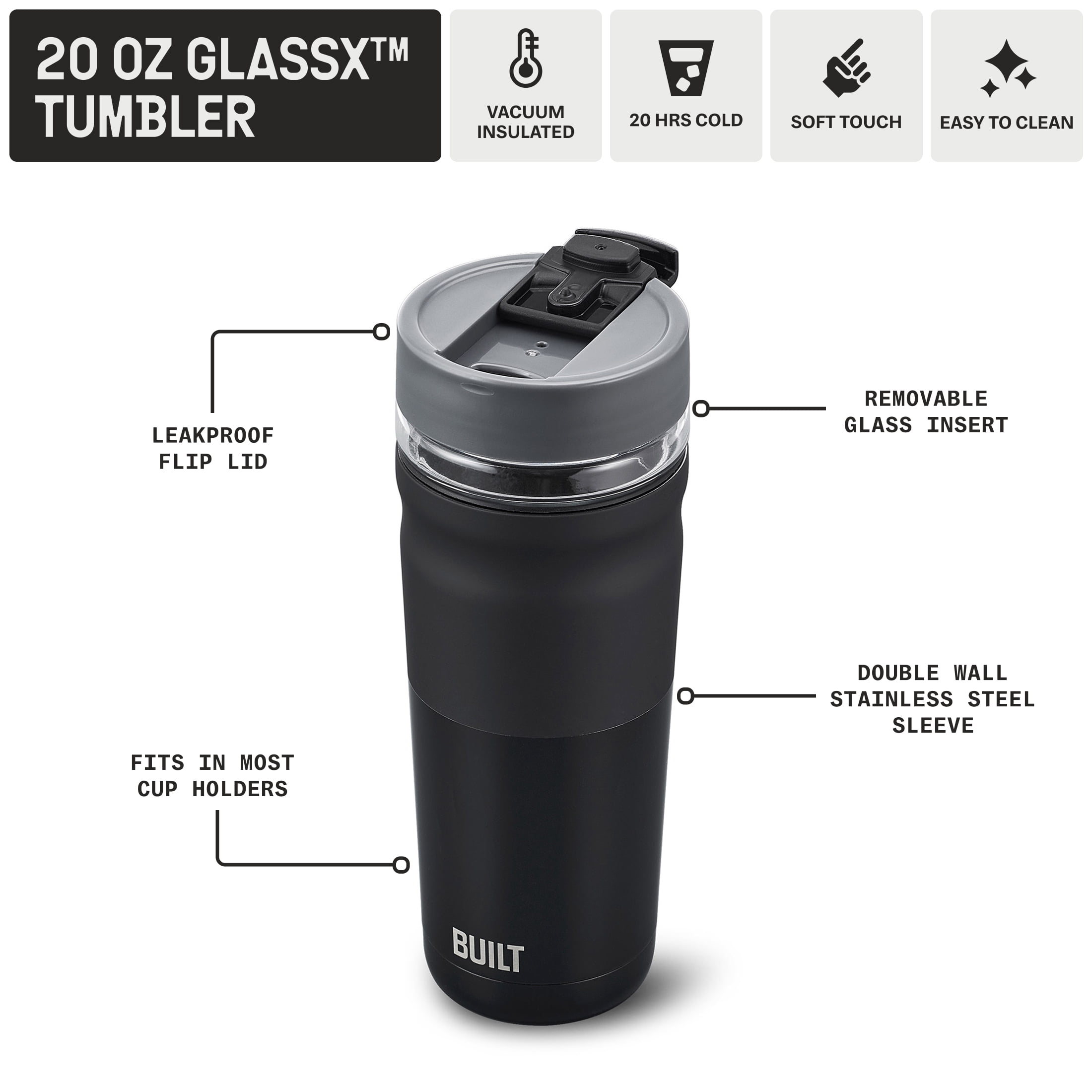 Built Glassx 20 oz Two-Tone Black Insulated Stainless Steel Tumbler with Glass Interior