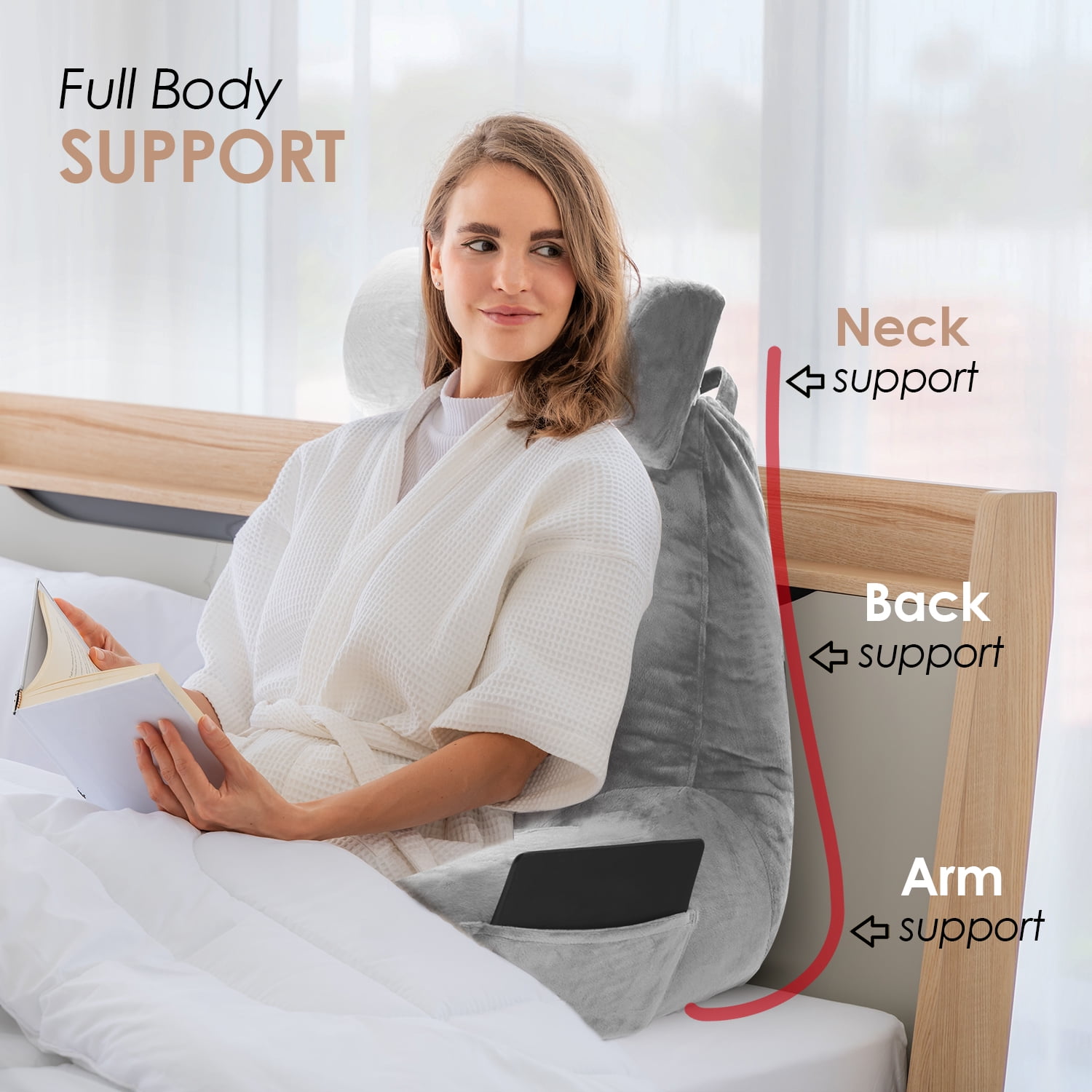 LAMMALOE Reading Pillow , Backrest Pillows with Arms, Plush Back Pillow Detachable Neck Roll, Shredded Memory Foam Bed Rest Pillow, Large, Silver