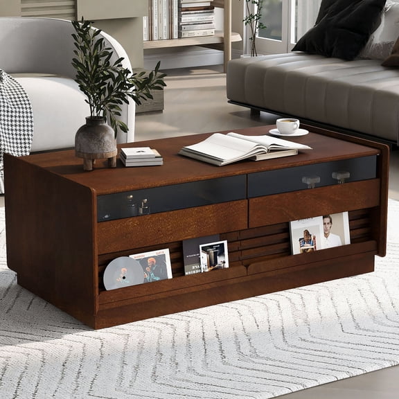 S-HOME Modern Rectangle Coffee Table with 4 Drawers and 2 Display Shelves, Wood Design for Living Room Style, Brown