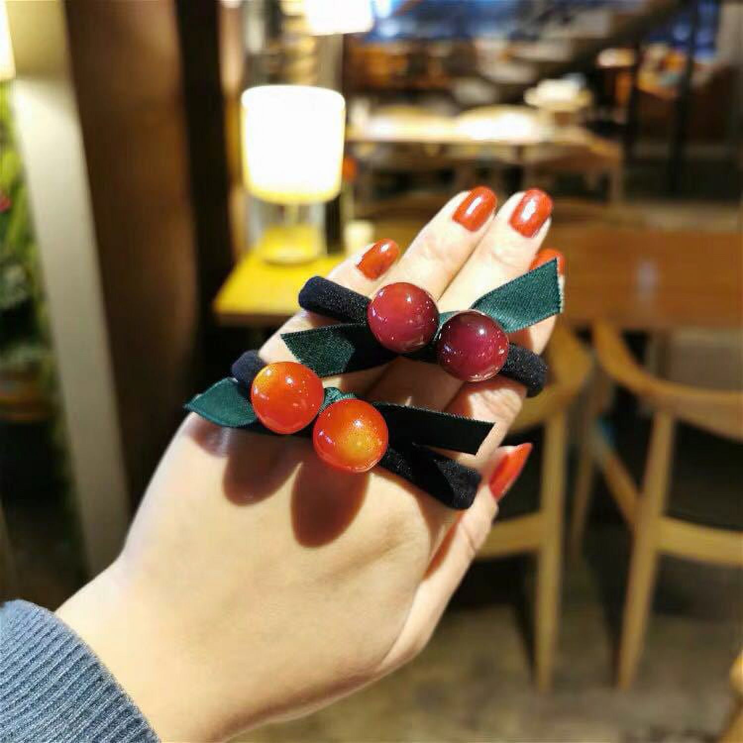KIKI HOME Japanese Cute Cherry Shaped Hair Ties - 3 Piece Set of Rubber Band Bow Hair Ropes for Women