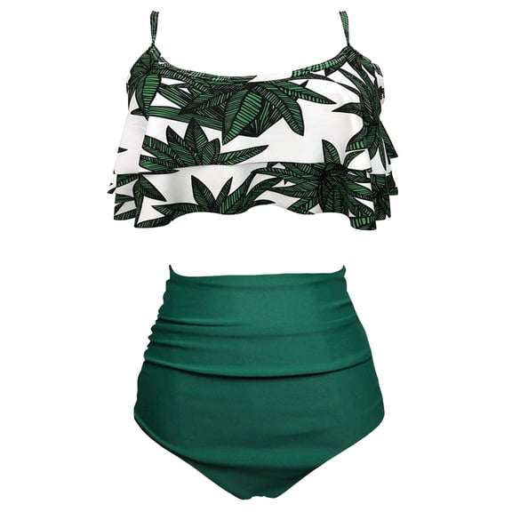 DHFJKG High Waieted Swimsuit For Women 2 Piece Bathing Suit Floral Print Flowy Spaghetti Strap Swim Top Tummy Control Briefs Bottom Trendy Beachwear