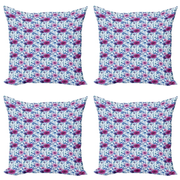 Ambesonne Spring Throw Pillow Cover 4 Pack, Watercolor Nosegay Flowers, 24", Azure Blue Pink