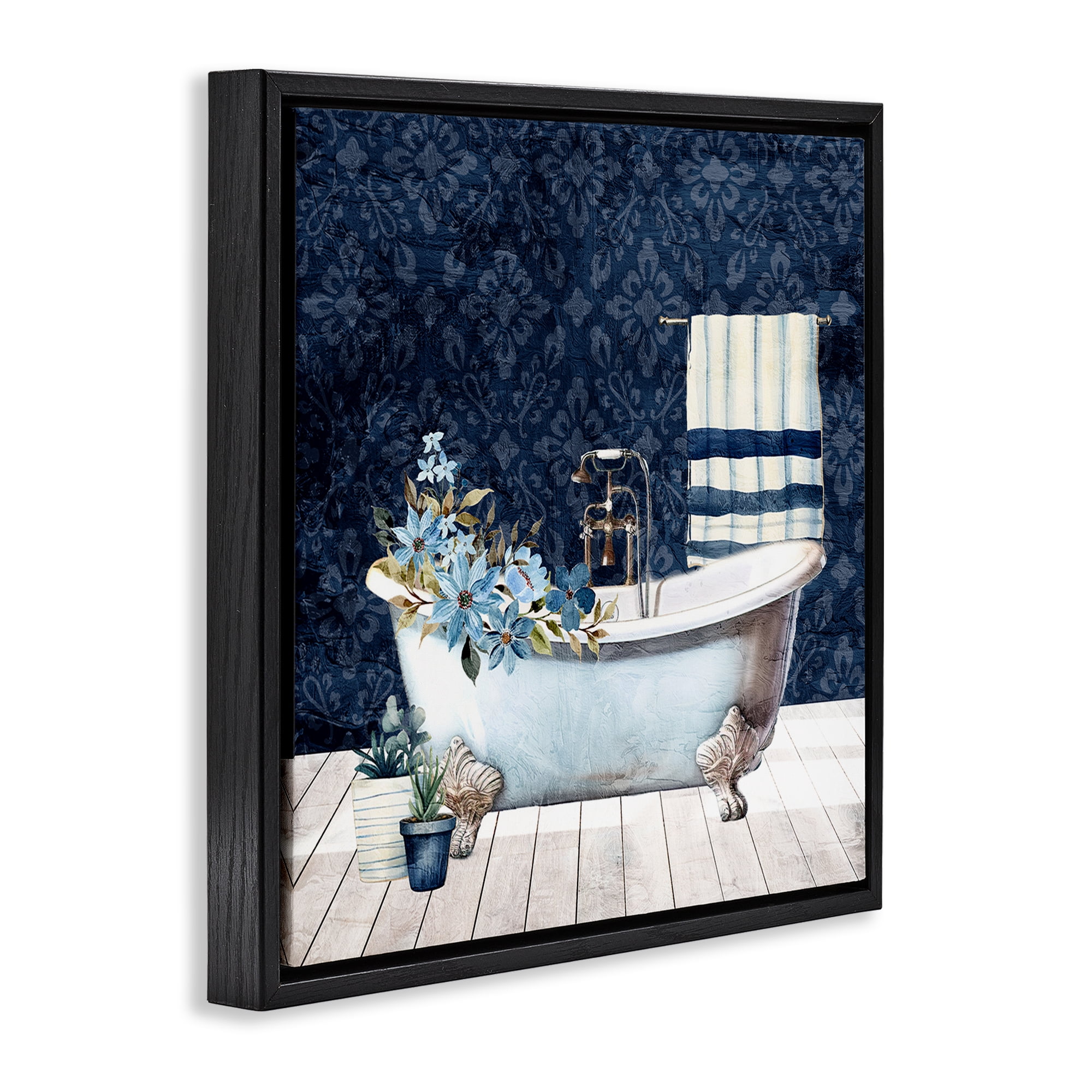 Stupell Industries Blue Damask Bathroom Bath & Laundry Painting Black Floater Framed Canvas Art Print Wall Art, 18 x 18
