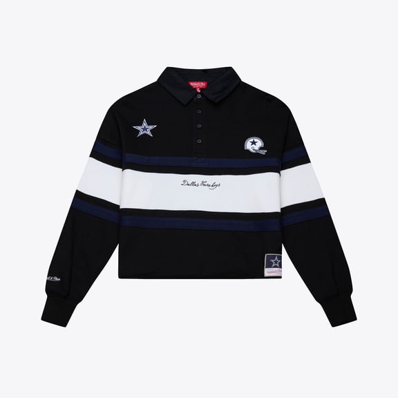 Women's Mitchell & Ness  Black Dallas Cowboys  Cropped Long Sleeve Rugby Polo