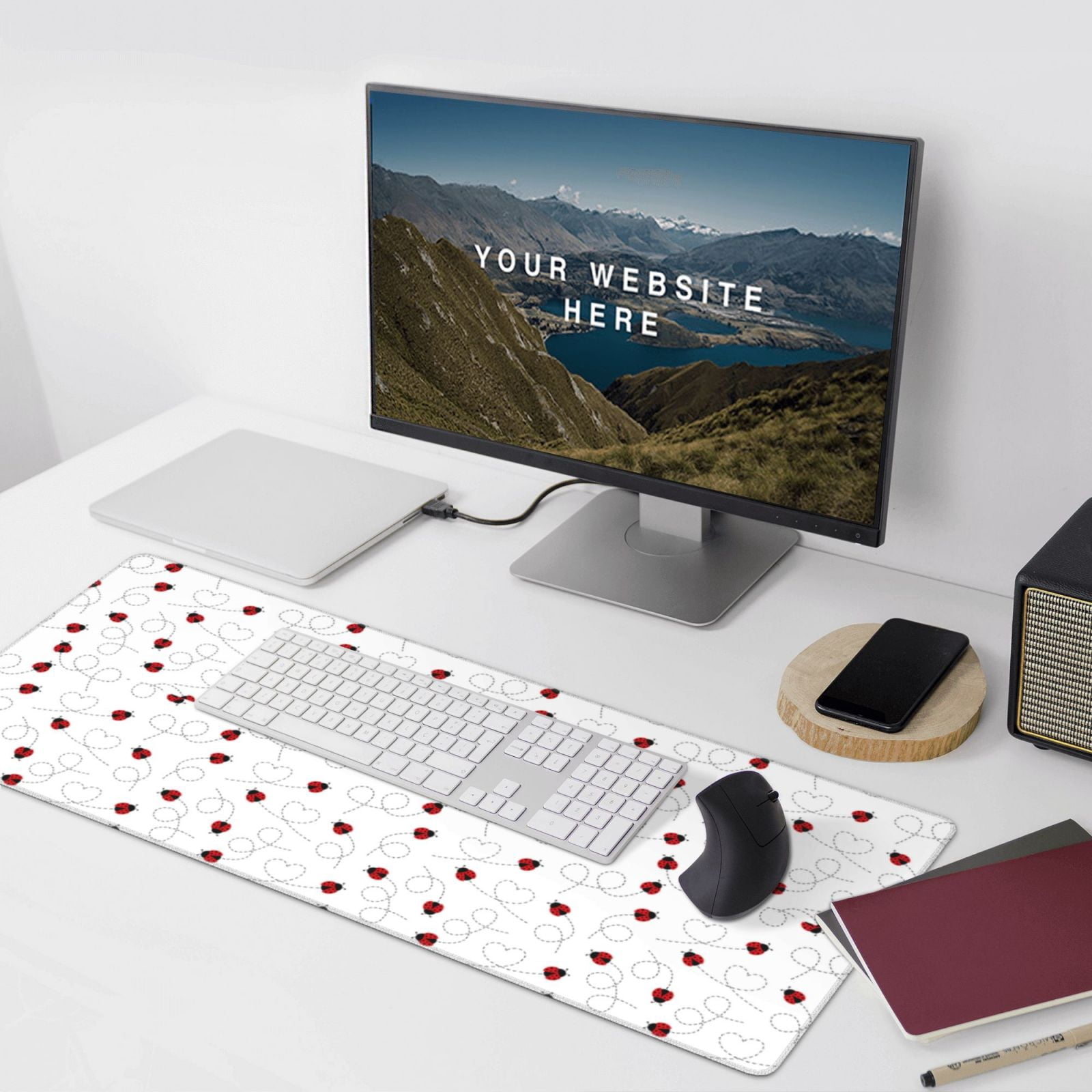 Xecao Ladybugs Flying On Dotted Route Print Large Mouse Pad, 16x35.5in Mousepad, Professional Non-Slip Rubber Base Big Mouse Pad, Mouse Pad for Gaming & Office Full Desk Mouse Pad