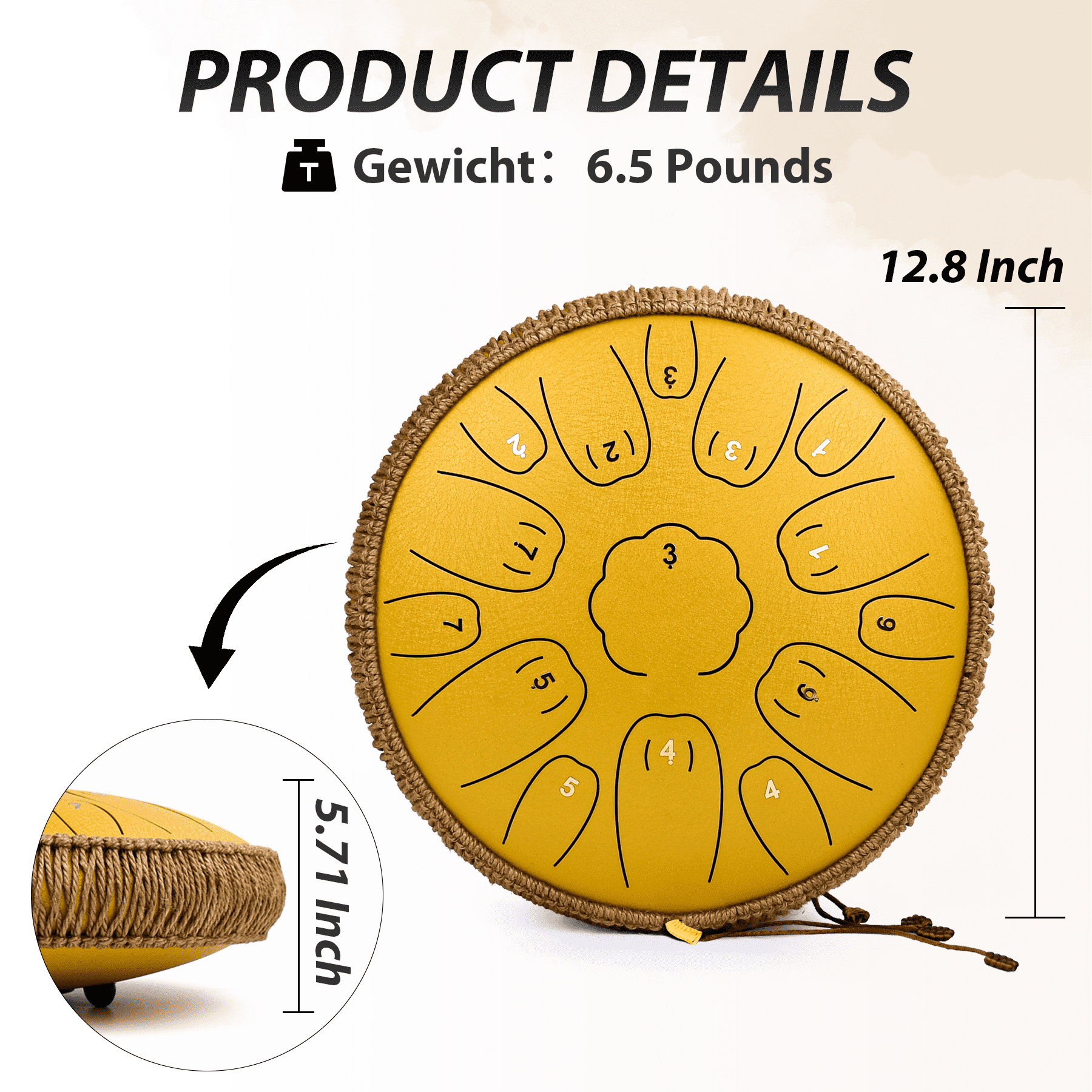 Tongue drum 13 Inch 15 Notes Tongue Drums, C Key Handpan Drum Instruments for Kids Adults, Steel Drum with MusicBook, Drum Mallets and Carry Bag (Gold)