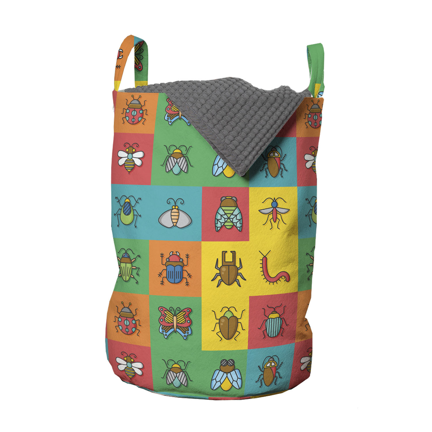 Colorful Laundry Bag, Cartoon Image of Bugs as Bumblebee Ladybug