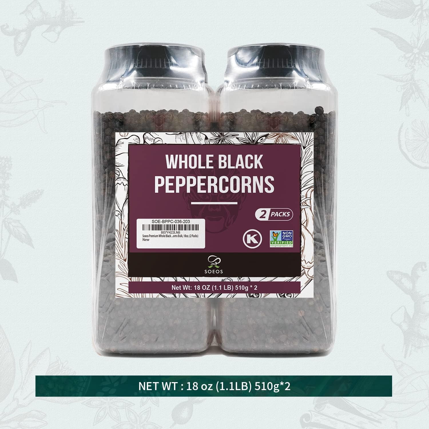 Soeos Whole Black Peppercorns, 36oz (Pack of 2), Non-GMO, Kosher, Packed to Keep Peppers Fresh, Peppercorn for Grinder Refill, Whole Peppercorns