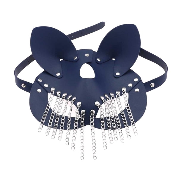 Máscara de borla con cadena metálica para mujer, máscara de cuero sintético, accesorio de noche a la moda, cubrebocas Azul oscuro