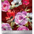 thumbnail image 1 of Soimoi Red Satin Silk Fabric Leaves & Floral Printed Fabric 1 Yard 42 Inch Wide, 1 of 1