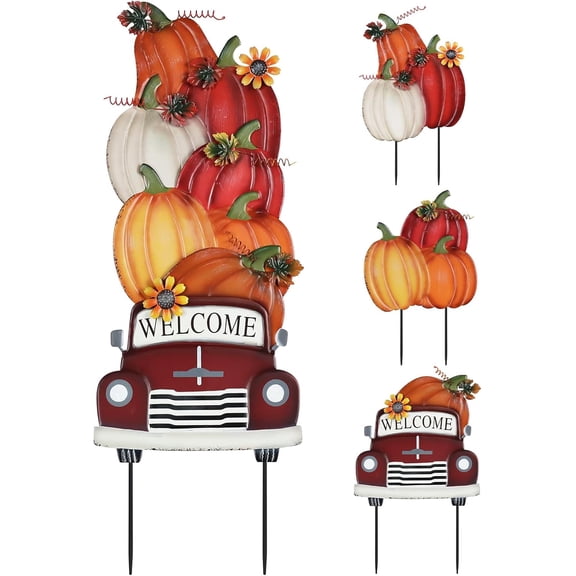 Fall Decorations Outdoor,Multiple Stacked Pumpkin Truck Decorative Garden Stakes for Fall Decor, Autumn Metal Yard Signs for Home Outside Garden Lawn Porch, Thanksgiving Decorations Outdoor