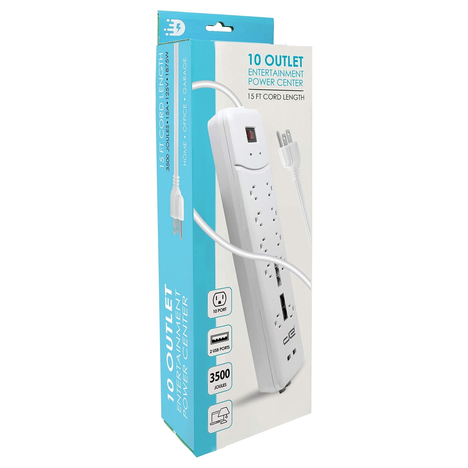 Digital Energy 15-Foot Long Extension Cord, 3500 Joules, 10-Outlet Surge Protector Power Strip, Two Usb Charging Ports, Coaxial and Phone Protection, Etl Listed