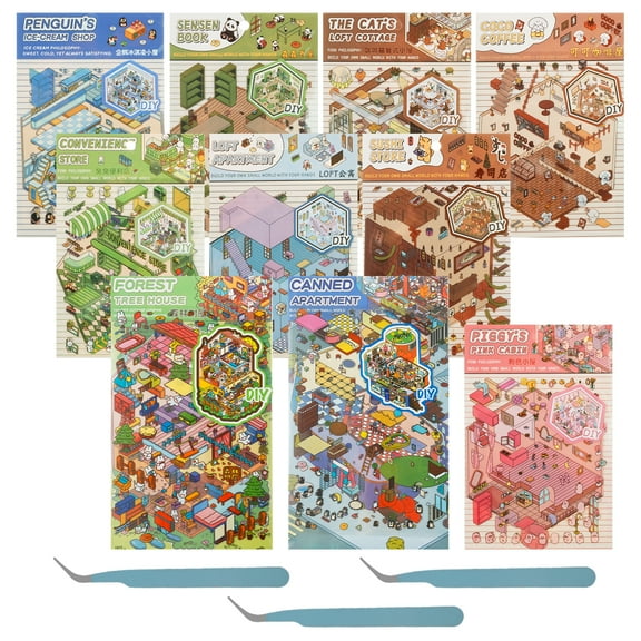 Xiyztok 10Pcs DIY 3D Sticker Scene,3D House Stickers with 3 Tweezers Cute Cartoon DIY Miniature Scenes for Adults Kids Reduce Stress Pass the Time