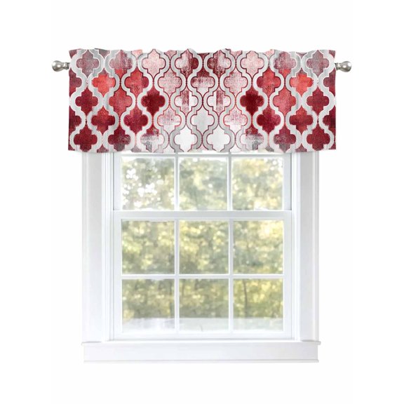 Vintage Plaid Valances for Windows, Rod Pocket Kitchen Valance Curtains - Soft & Washable Small Window Treatment for Living Room, Bathroom, Red Gray Moroccan , 42x12 Inch, 1 Panel