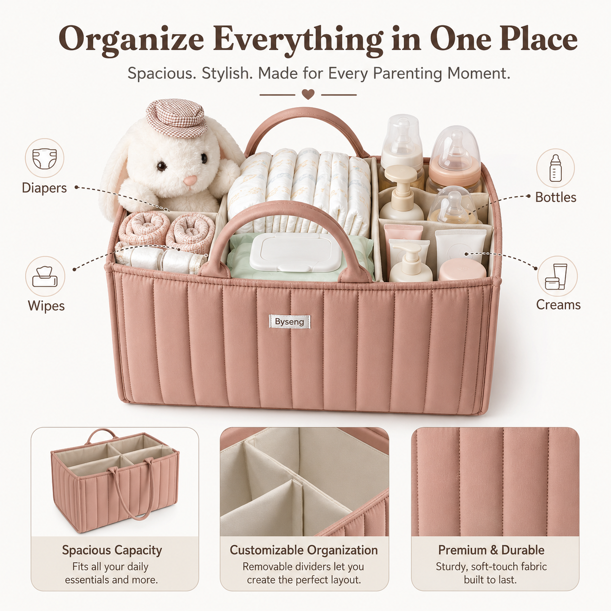 Byseng Baby Diaper Caddy Organizer, Pink photo 2