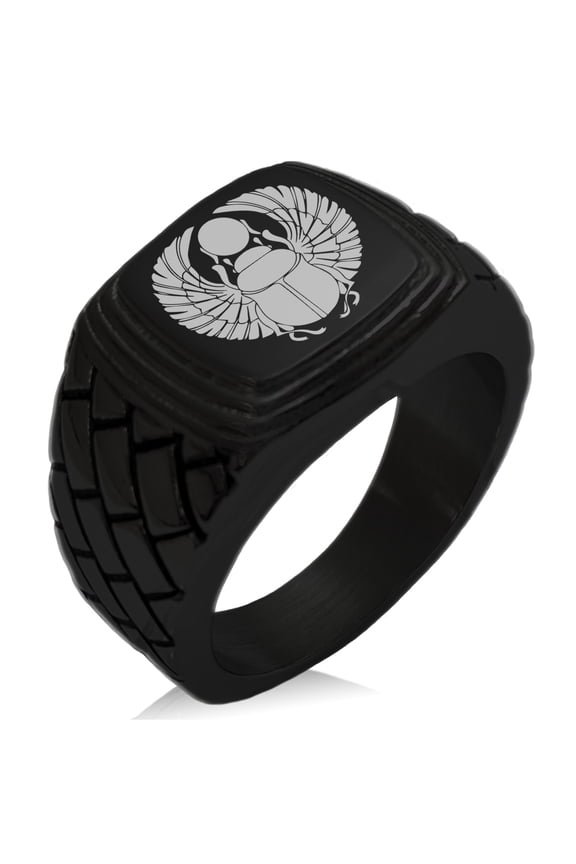 Stainless Steel Scarab Beetle Rising Sun Geometric Pattern Step-Down Biker Style Polished Ring