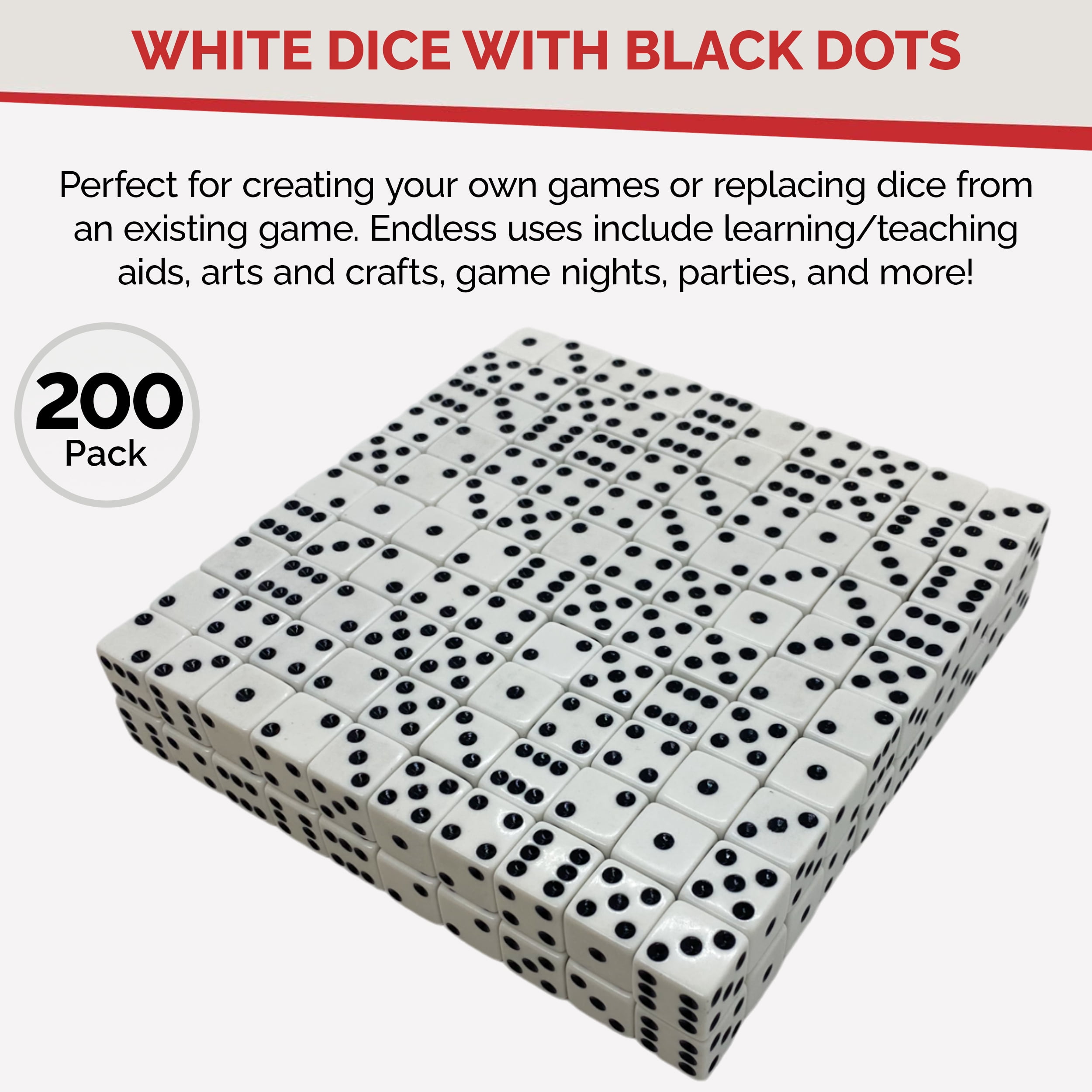 MR CHIPS D6 Standard 16 mm Opaque Dice with Pip Dots - 200 pack - White